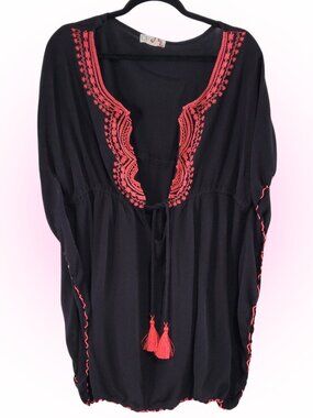 Y2K OP BLACK PINK TASSLES EMBROIDERED BEACH BATHING SUIT COVER-UP EUC L